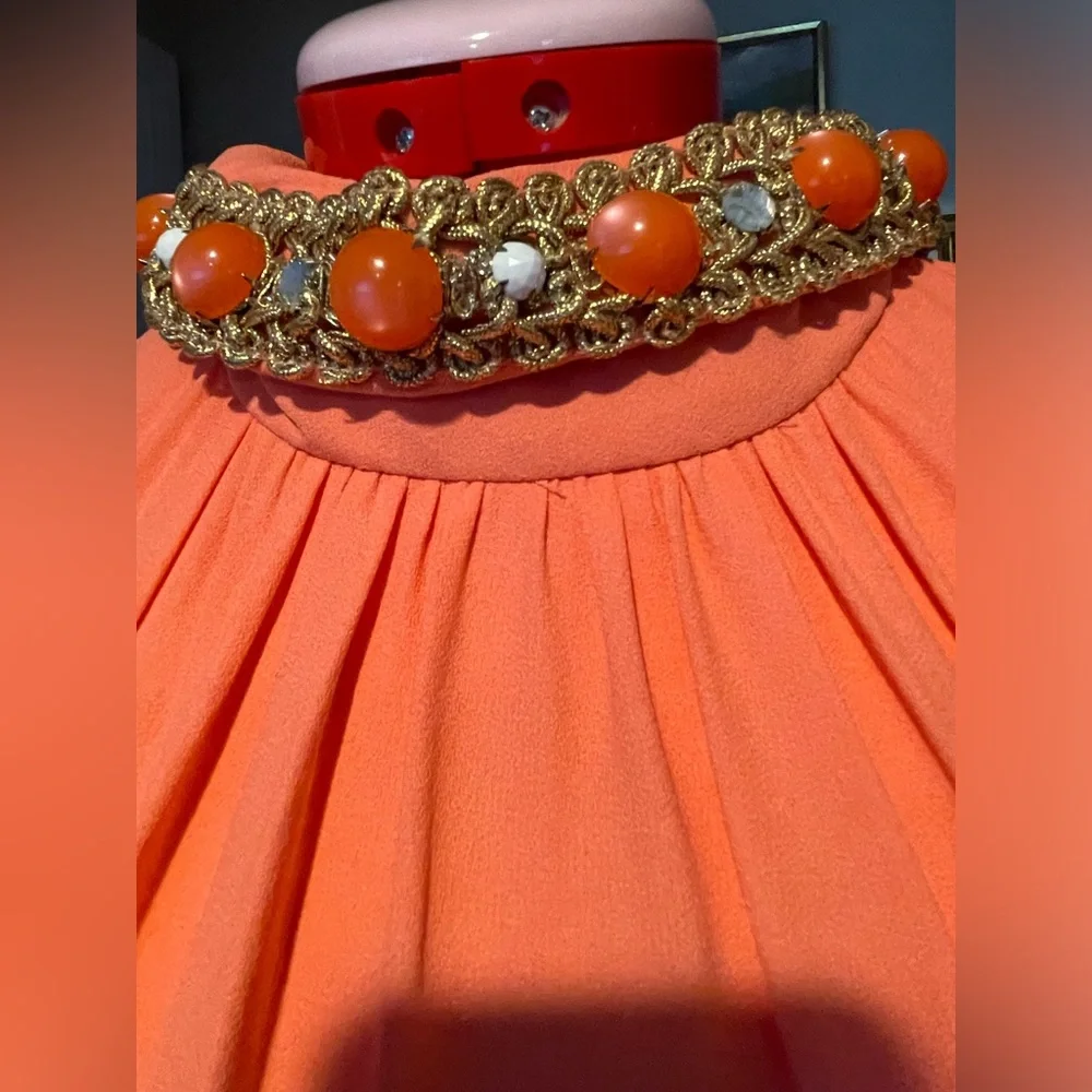 VTG 60s / 70s Coral Halter Wide / Balloon Leg Jumpsuit W Embellished Collar - Picture 11 of 13